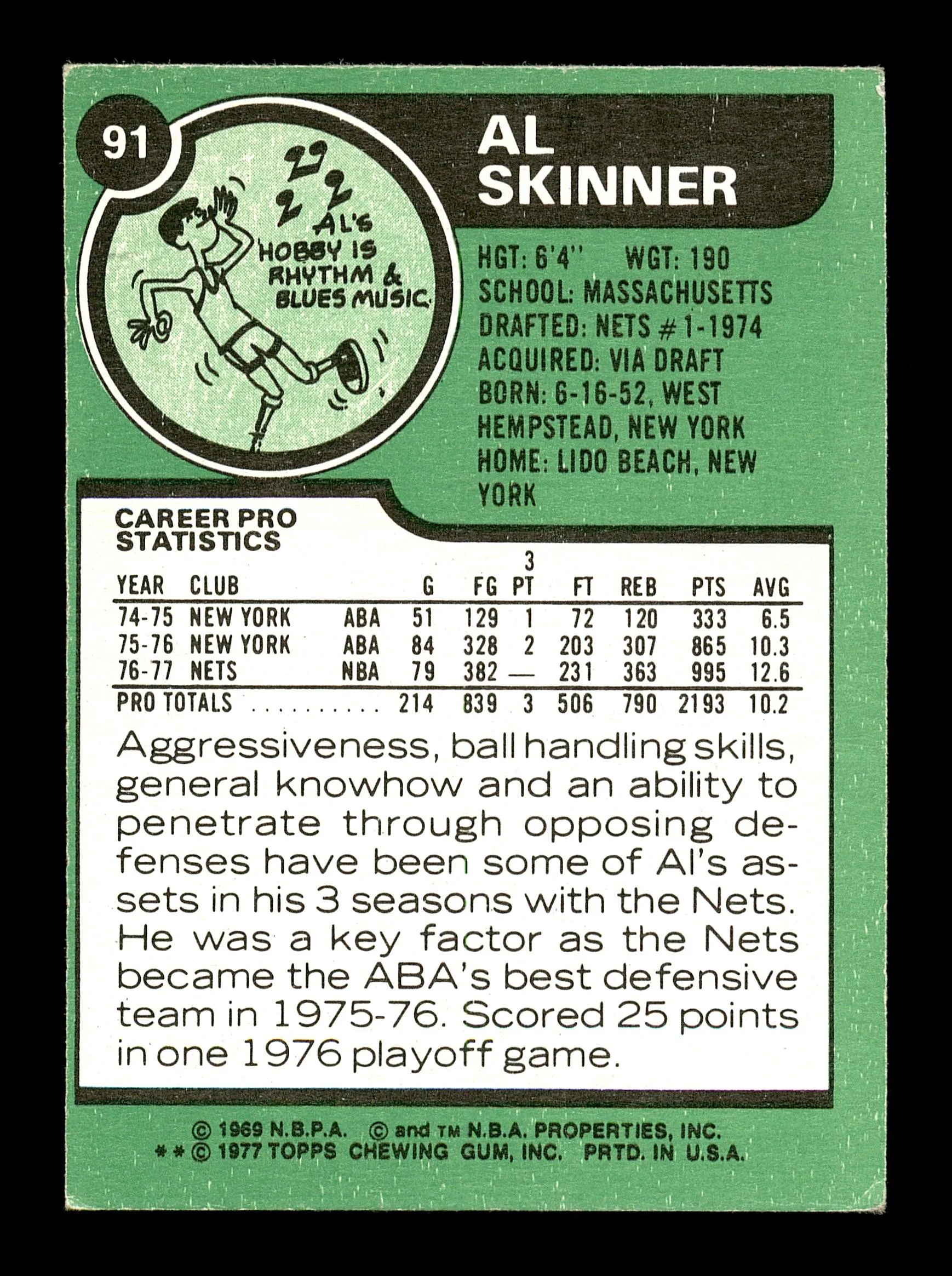 Al Skinner Autographed 1977-78 Topps Card #91 New Jersey Nets SKU #167303