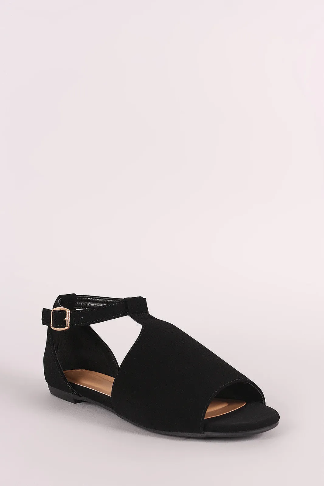 Bamboo Nubuck Cutout Ankle Strap Flat Sandal