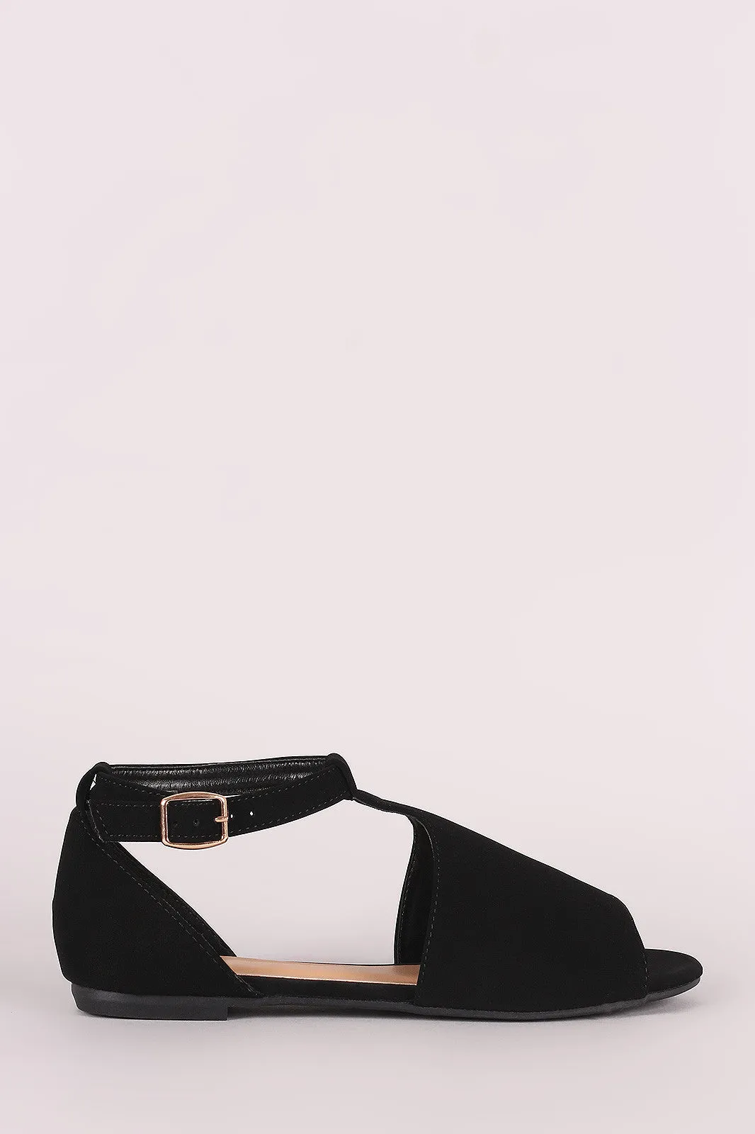 Bamboo Nubuck Cutout Ankle Strap Flat Sandal