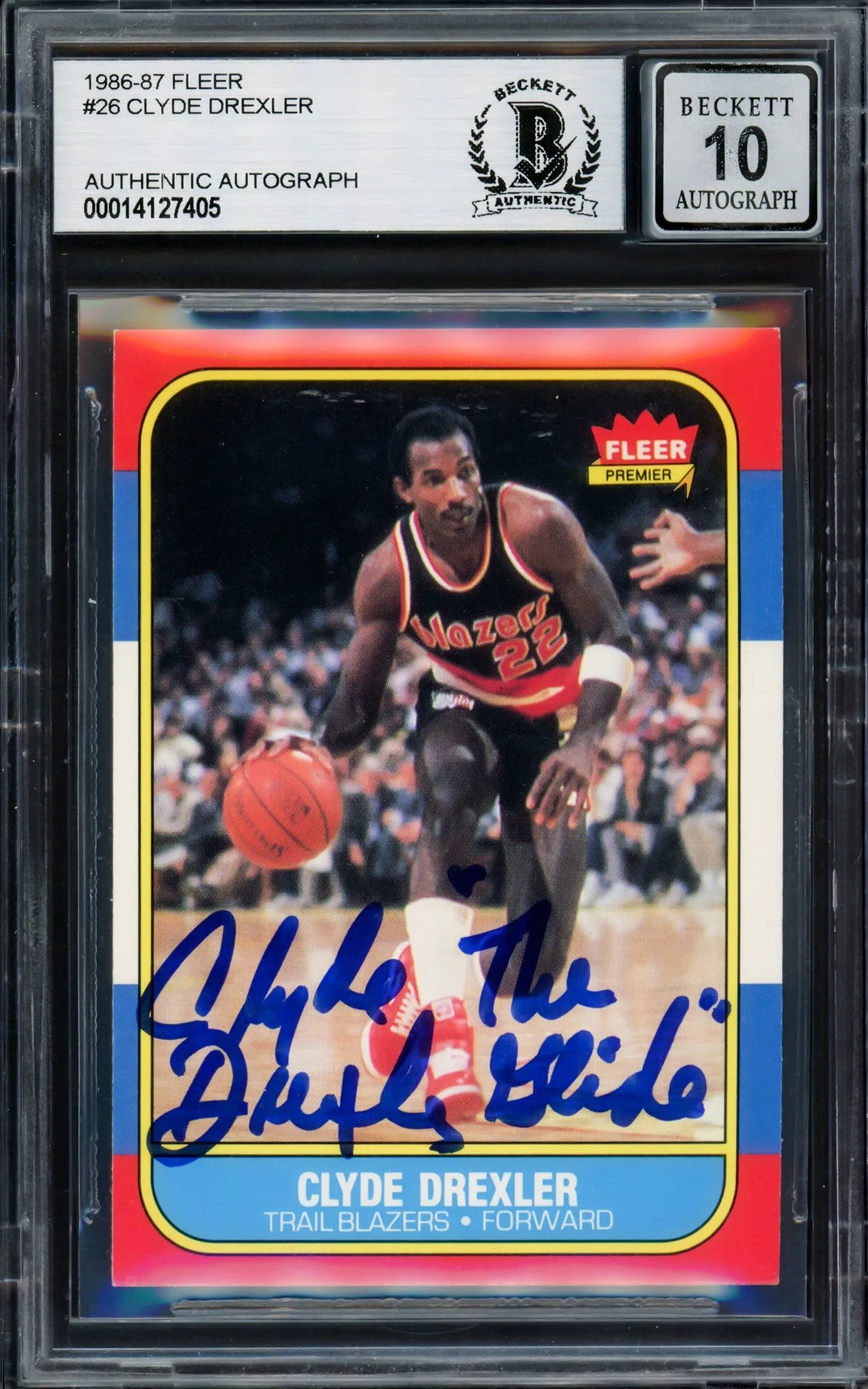 Clyde Drexler Autographed 1986-87 Fleer Rookie Card #26 Portland Trail Blazers Auto Grade Gem Mint 10 "The Glide" Beckett BAS #14127405