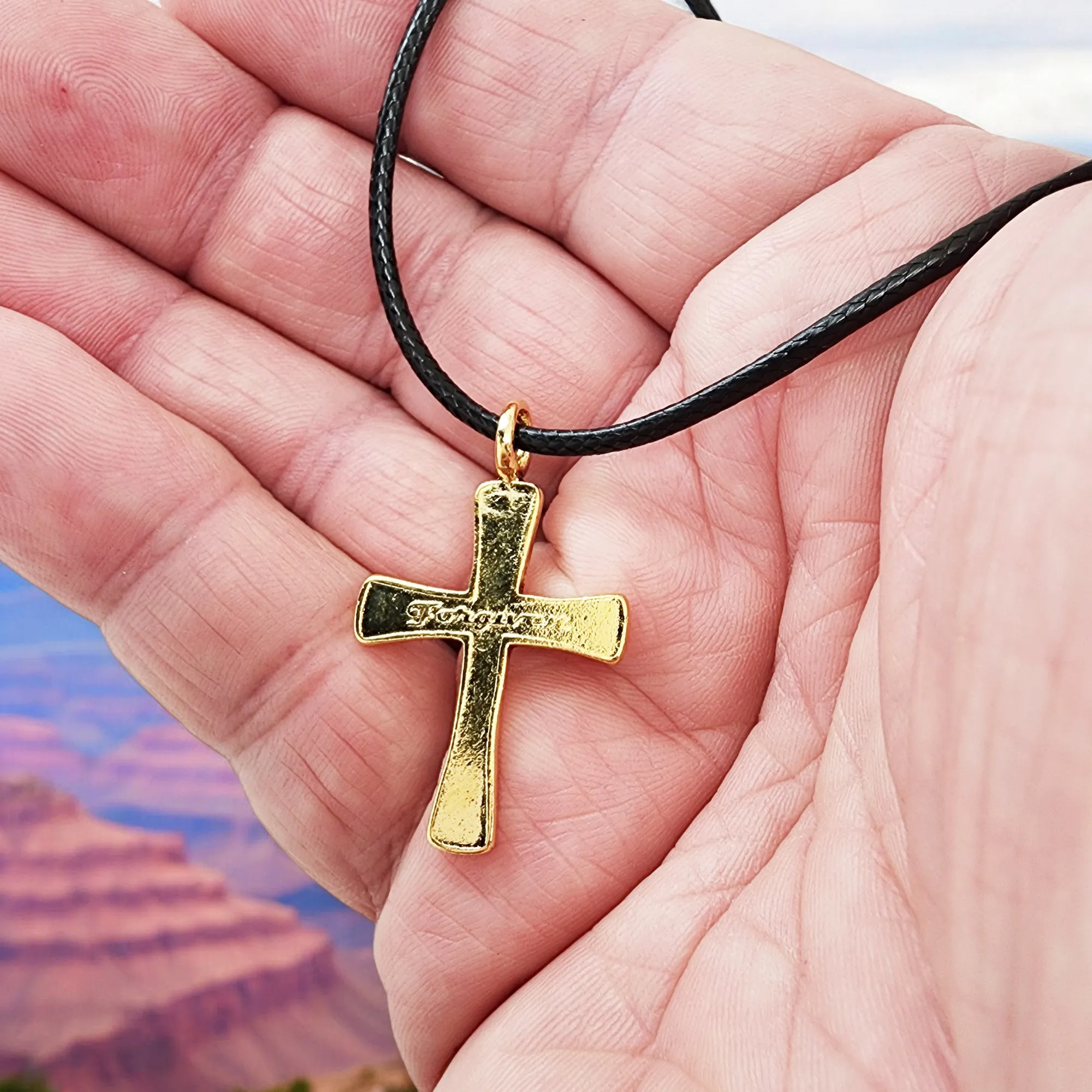 Cross Forgiven Gold Metal Finish Black Cord Necklace