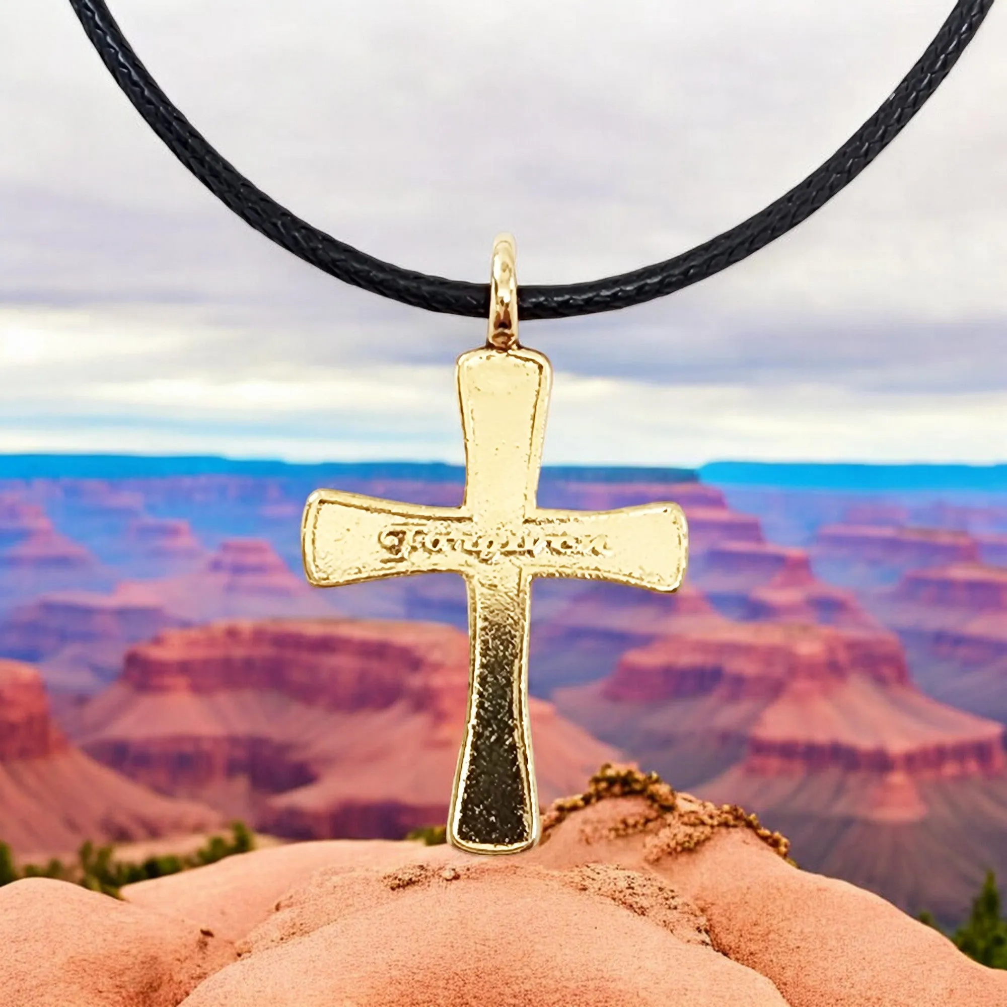 Cross Forgiven Gold Metal Finish Black Cord Necklace