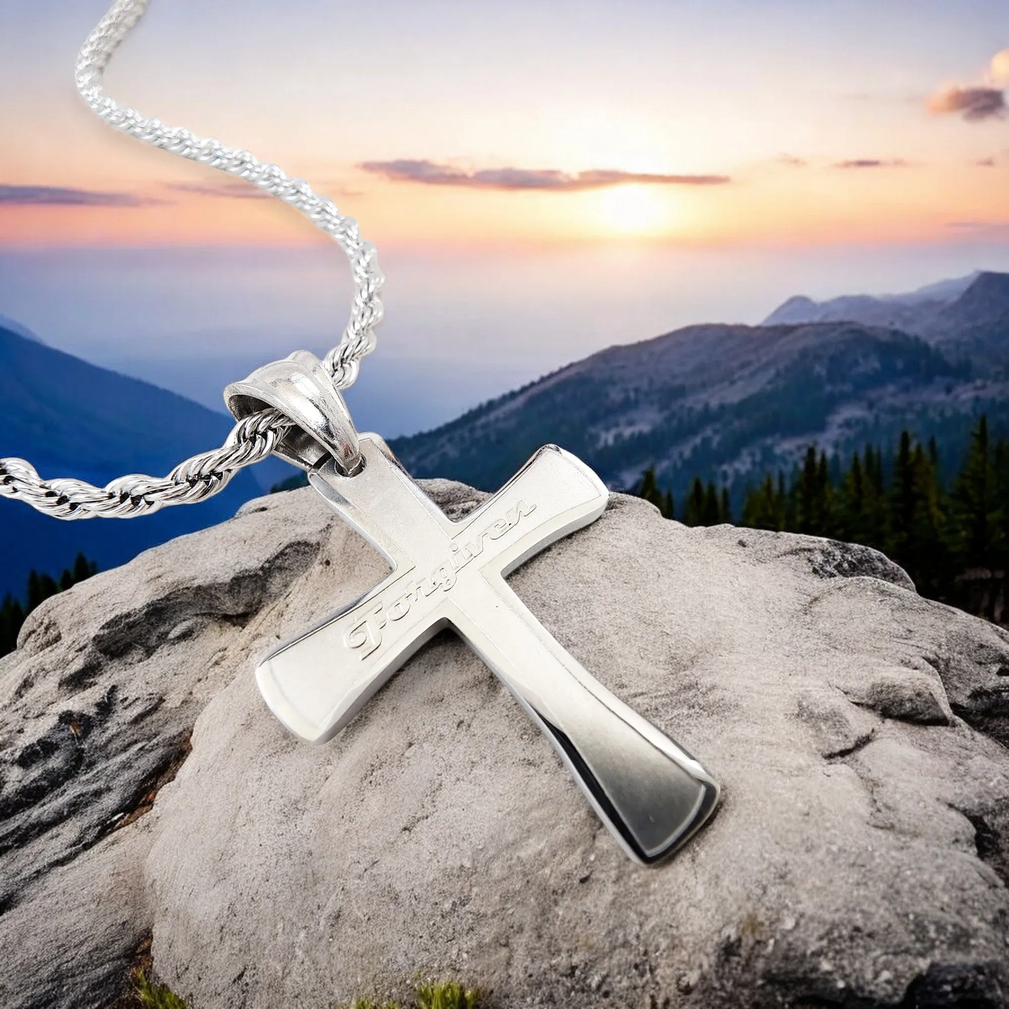 Cross Forgiven Stainless Steel Finish Rope Chain Necklace