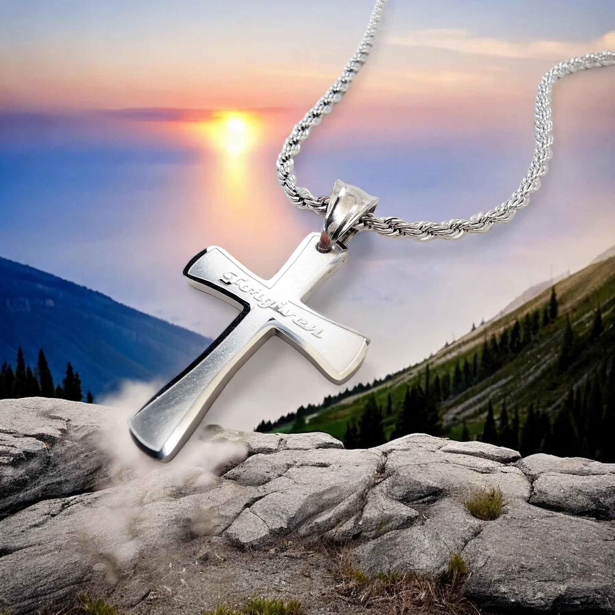 Cross Forgiven Stainless Steel Finish Rope Chain Necklace