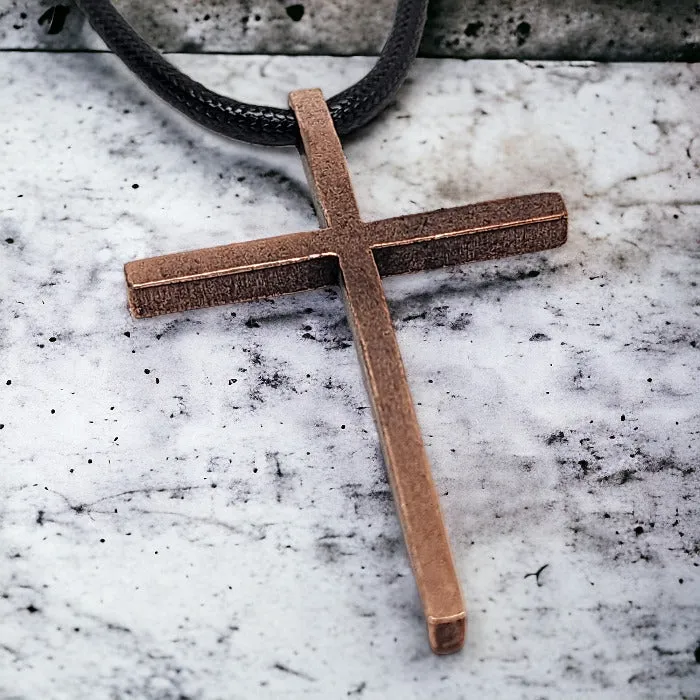 Cross Large Antique Copper Metal Finish Black Cord Necklace