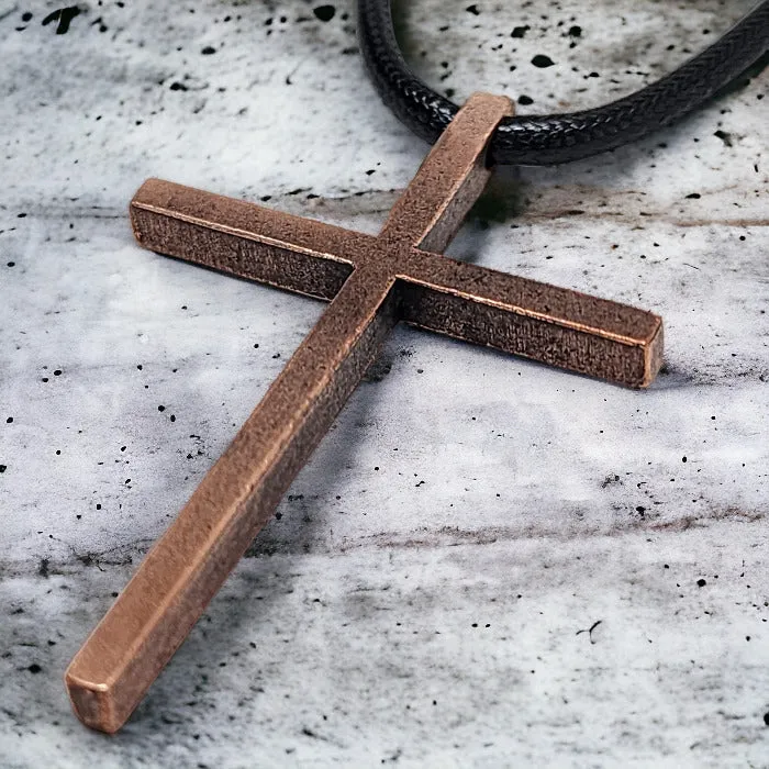 Cross Large Antique Copper Metal Finish Black Cord Necklace