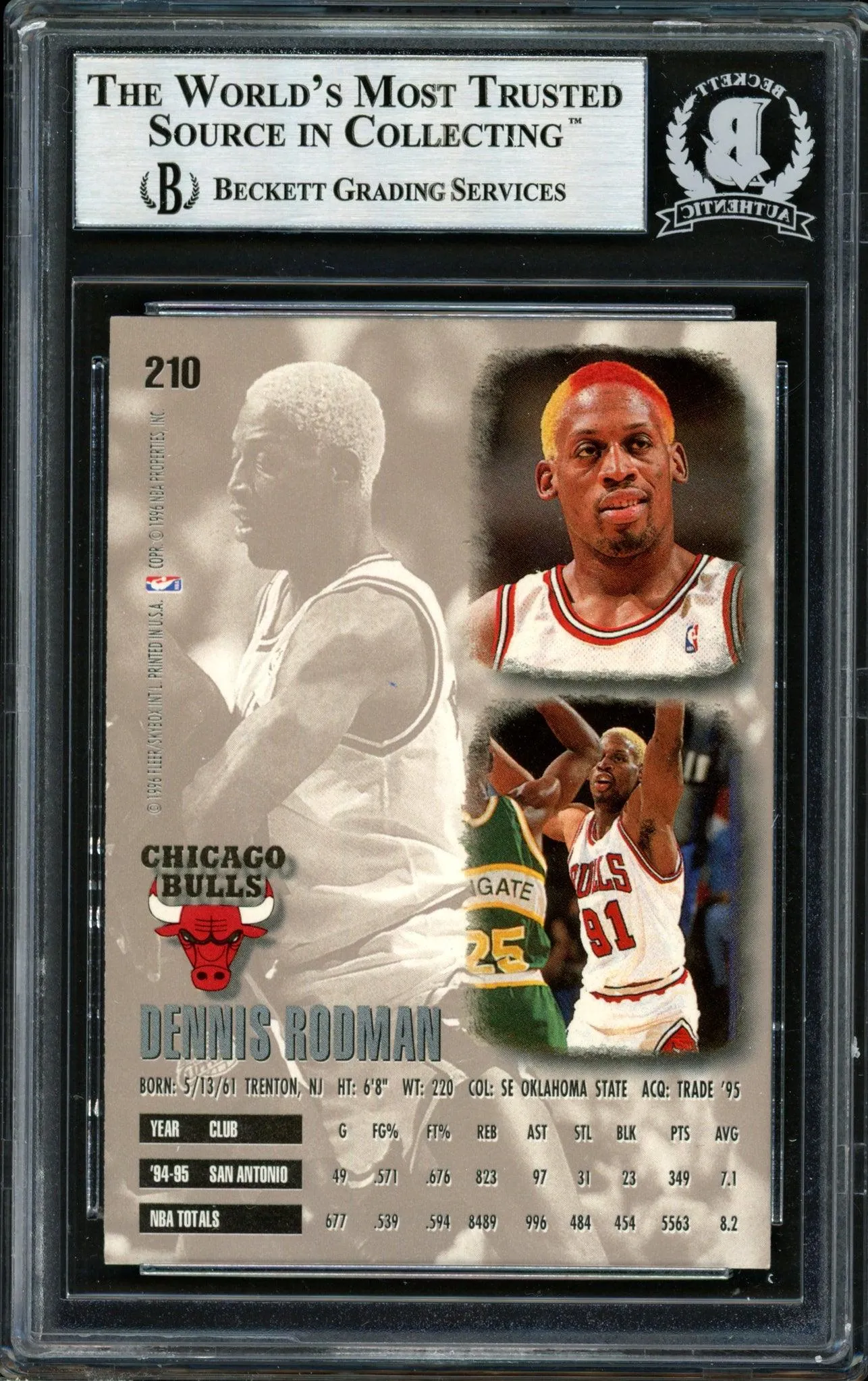 Dennis Rodman Autographed 1995-96 Fleer Ultra Card #210 Chicago Bulls Beckett BAS #12516998