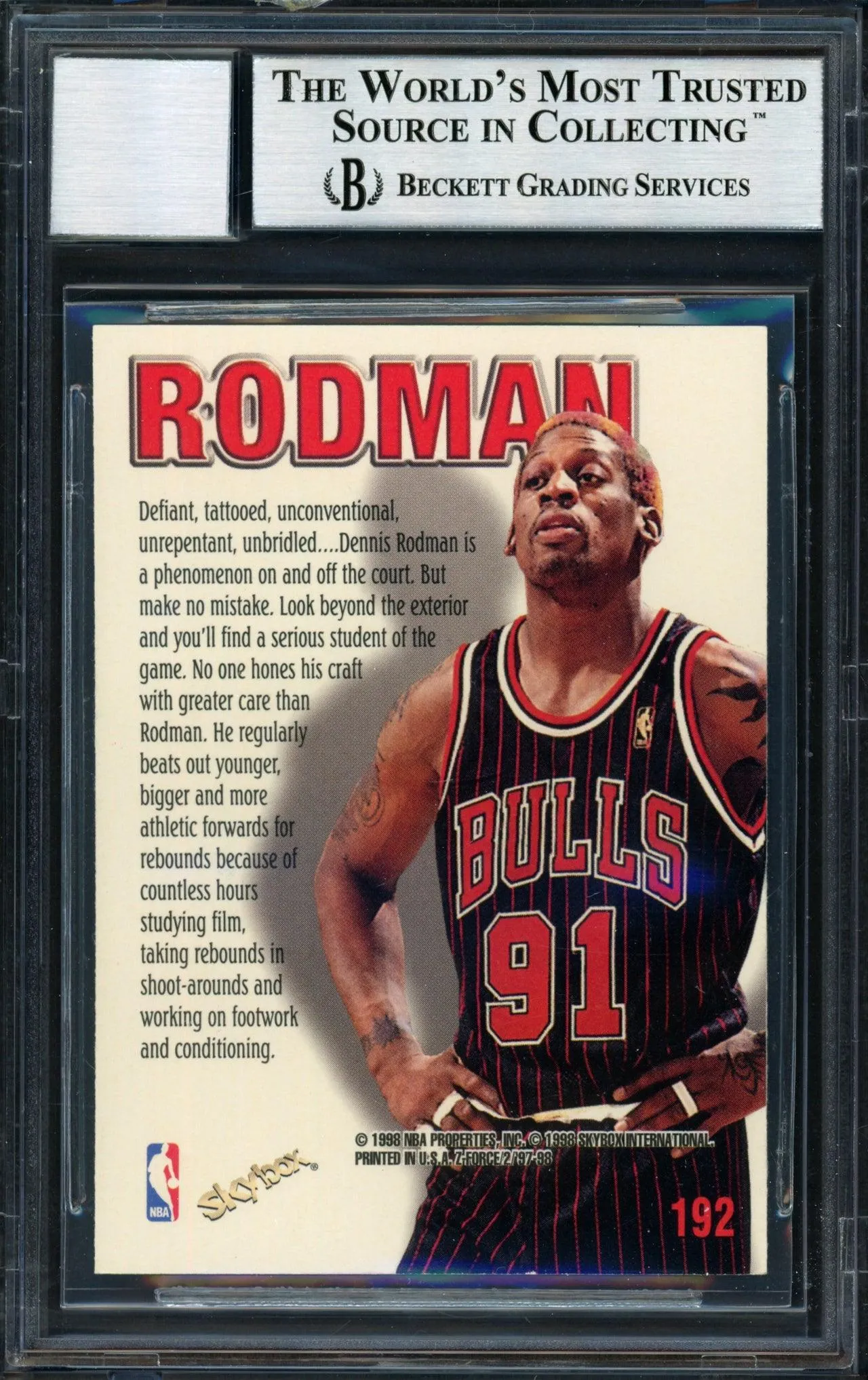 Dennis Rodman Autographed 1997-98 Fleer Z Force Zupermen Card #192 Chicago Bulls Auto Grade 10 Beckett BAS #12518948