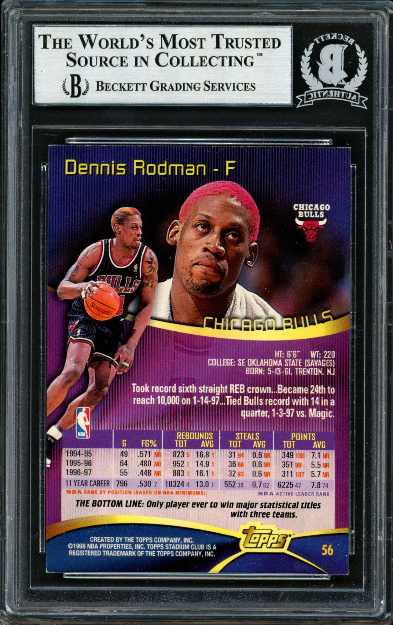 Dennis Rodman Autographed 1997-98 Stadium Club Card #56 Chicago Bulls Beckett BAS Stock #185000