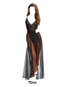 Dreamgirl 2 PC Stretch Lace Teddy & Sheer Mesh Maxi Skirt With Adjustable Straps & G-String Black