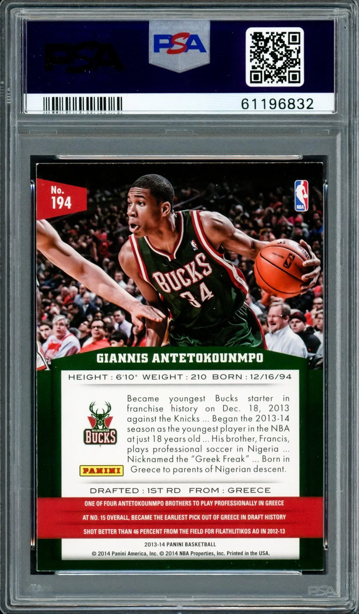 Giannis Antetokounmpo Autographed 2013 Panini Rookie Card #194 Milwaukee Bucks Auto Grade Mint 9 PSA/DNA #61196832