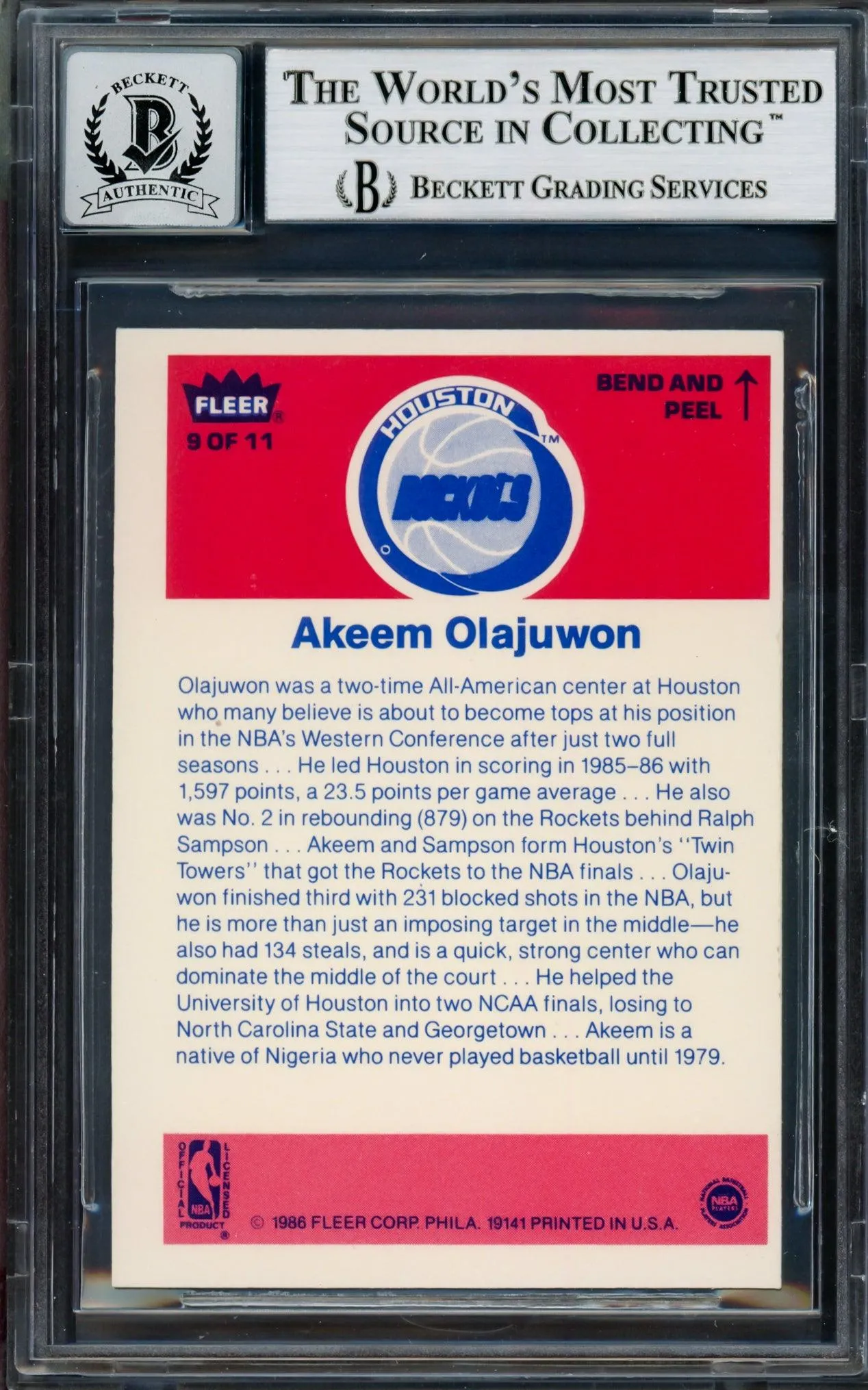 Hakeem Olajuwon Autographed 1986-87 Fleer Stickers Rookie Card #9 Houston Rockets Auto Grade Gem Mint 10 Beckett BAS #14127433