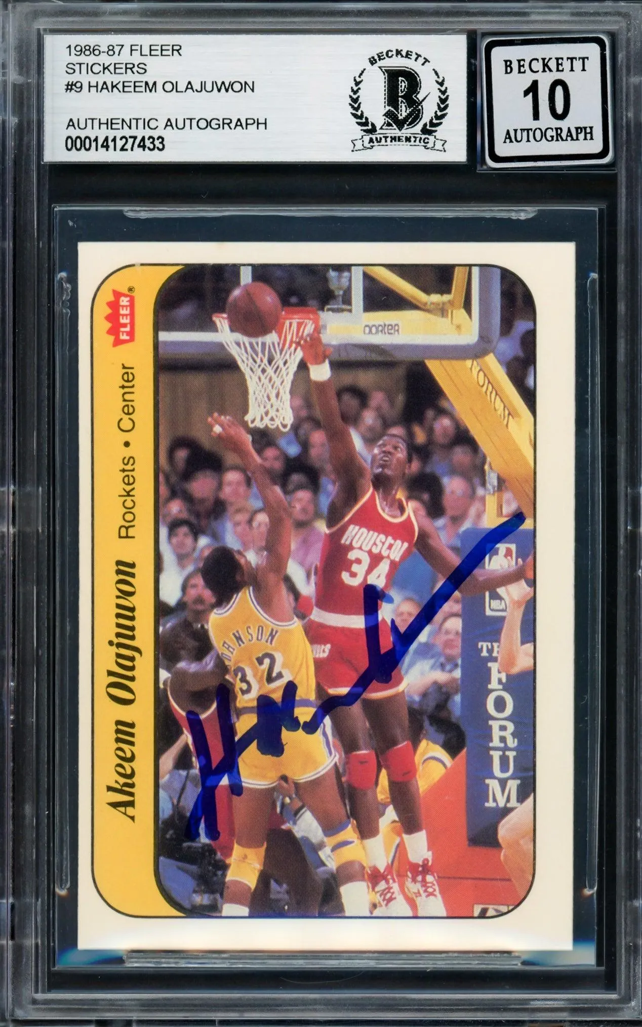 Hakeem Olajuwon Autographed 1986-87 Fleer Stickers Rookie Card #9 Houston Rockets Auto Grade Gem Mint 10 Beckett BAS #14127433