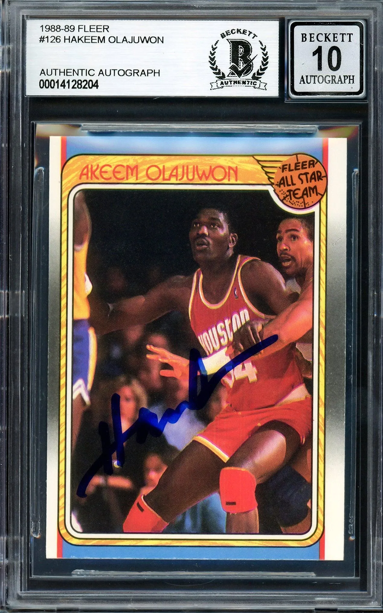 Hakeem Olajuwon Autographed 1988-89 Fleer All Star Card #126 Houston Rockets Auto Grade Gem Mint 10 Beckett BAS Stock #205737