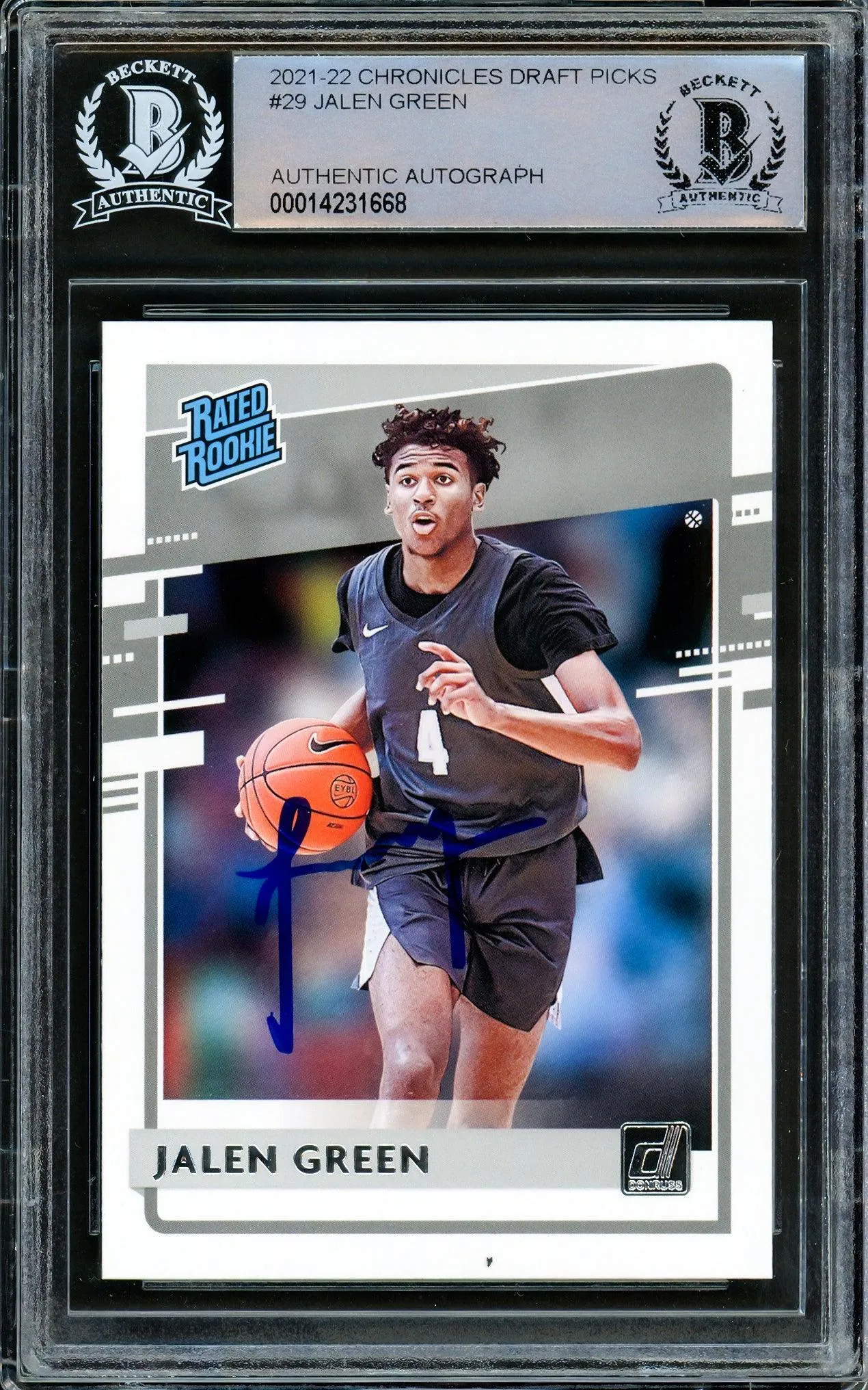 Jalen Green Autographed 2021-22 Donruss Rated Rookie Card #29 Houston Rockets Beckett BAS Stock #206625