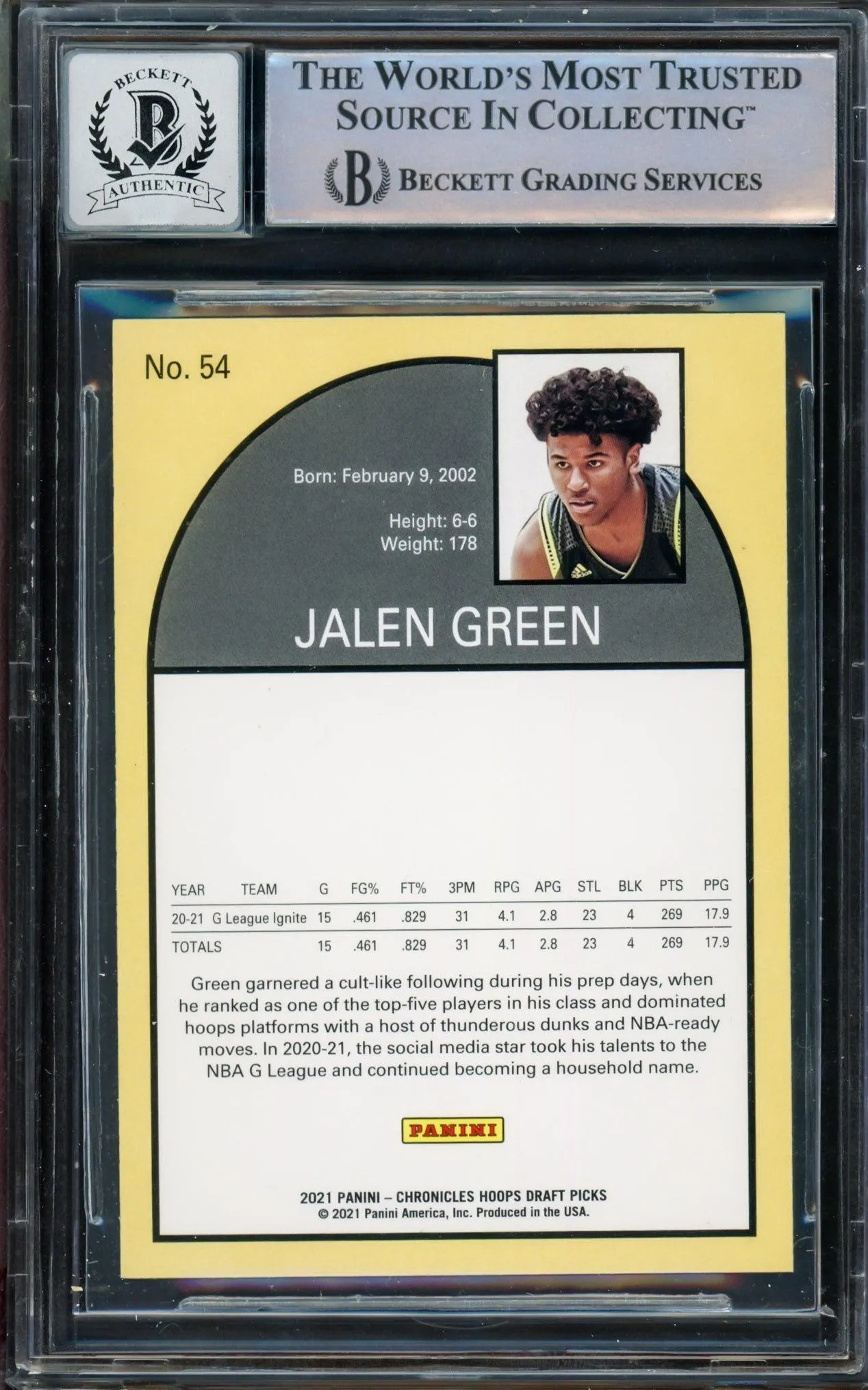 Jalen Green Autographed 2021-22 Hoops Tribute Rookie Card #54 Houston Rockets Auto Grade Gem Mint 10 Beckett BAS #14235647