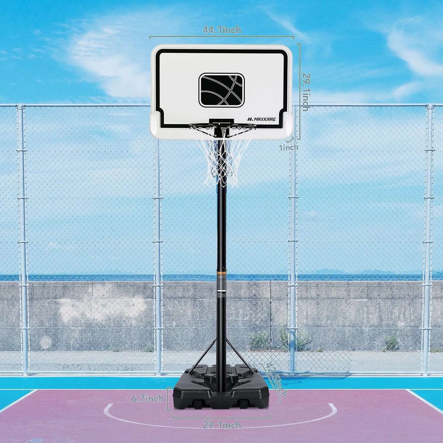 MaxKare 44 In. Portable Basketball Hoop System Goals Adjustable Height 7 Ft. 6 In. - 10 Ft. for Adults Teenagers, with 2 Wheels, Strong Base Outdoor Game