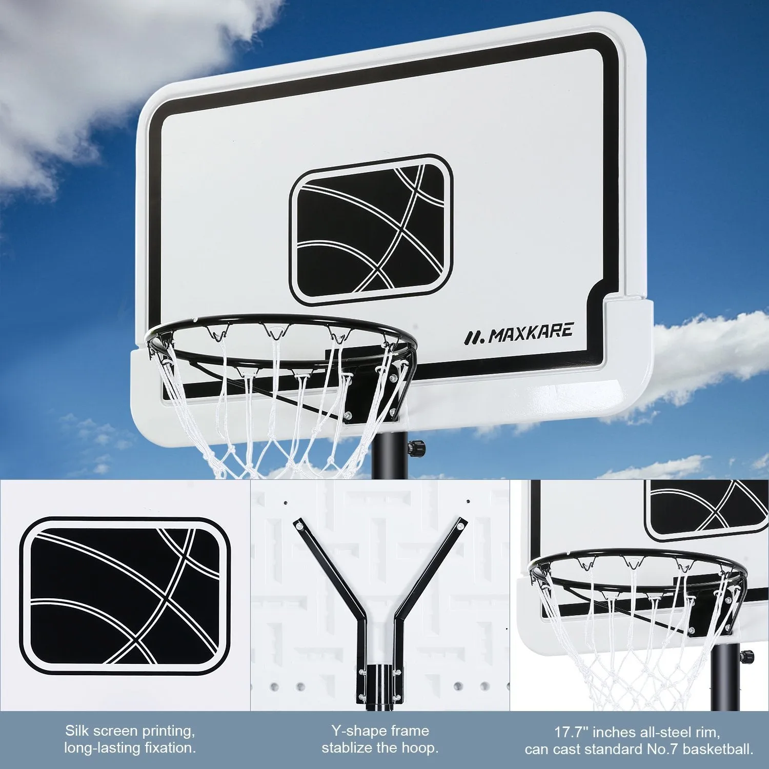 MaxKare 44 In. Portable Basketball Hoop System Goals Adjustable Height 7 Ft. 6 In. - 10 Ft. for Adults Teenagers, with 2 Wheels, Strong Base Outdoor Game