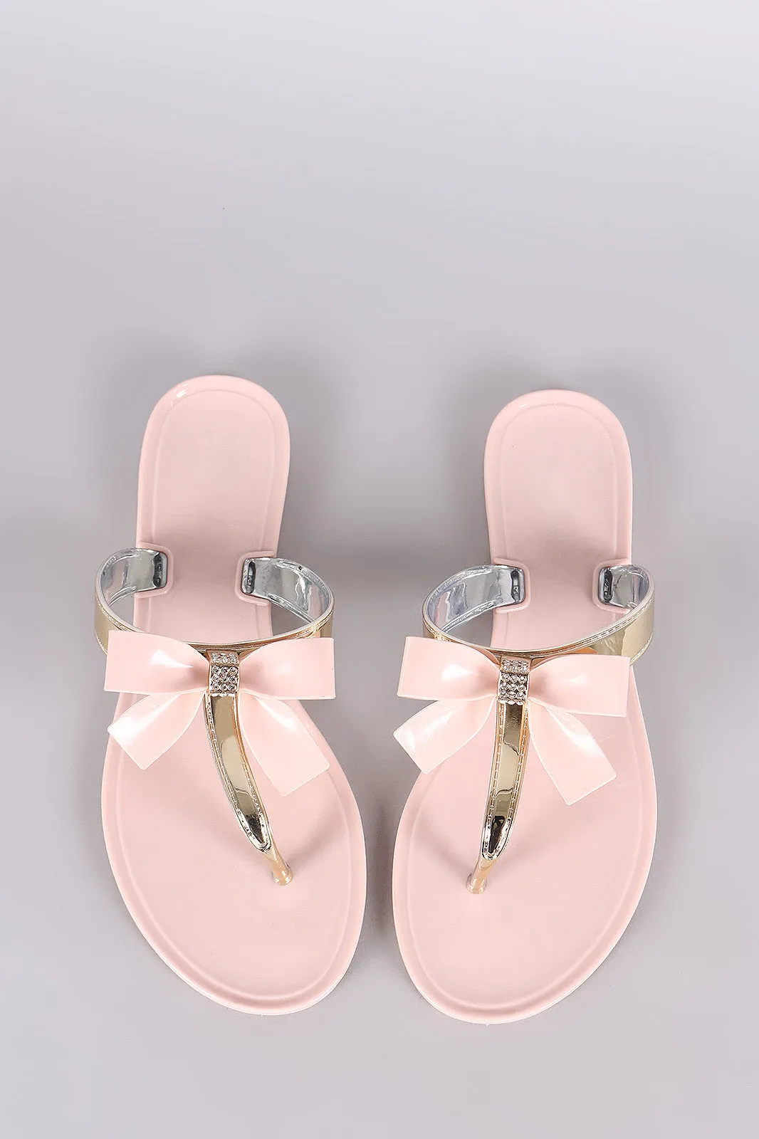 Rhinestone Accent Bow Jelly Thong Flat Sandal