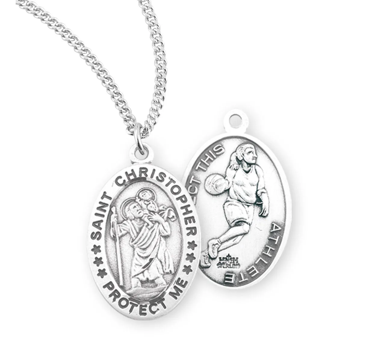 Saint Christopher Oval Sterling Silver Female Basketball Athlete Medal - S801418