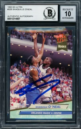 Shaquille Shaq O'Neal Autographed 1992-93 Fleer Ultra Rookie Card #328 Orlando Magic Auto Grade Gem Mint 10 Beckett BAS Stock #211327