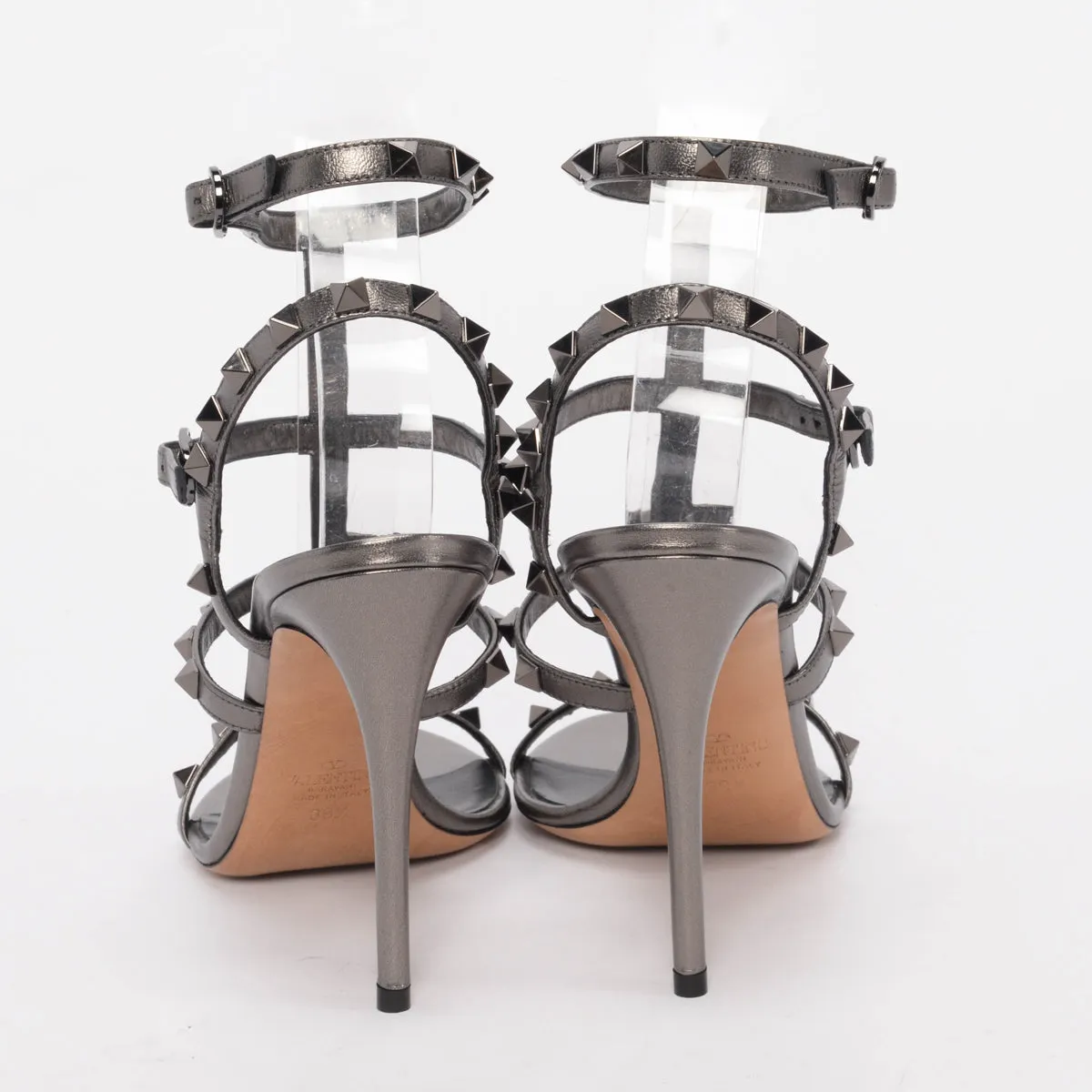 Valentino Gunmetal Metallic Leather Rockstud Cage Sandals 39.5