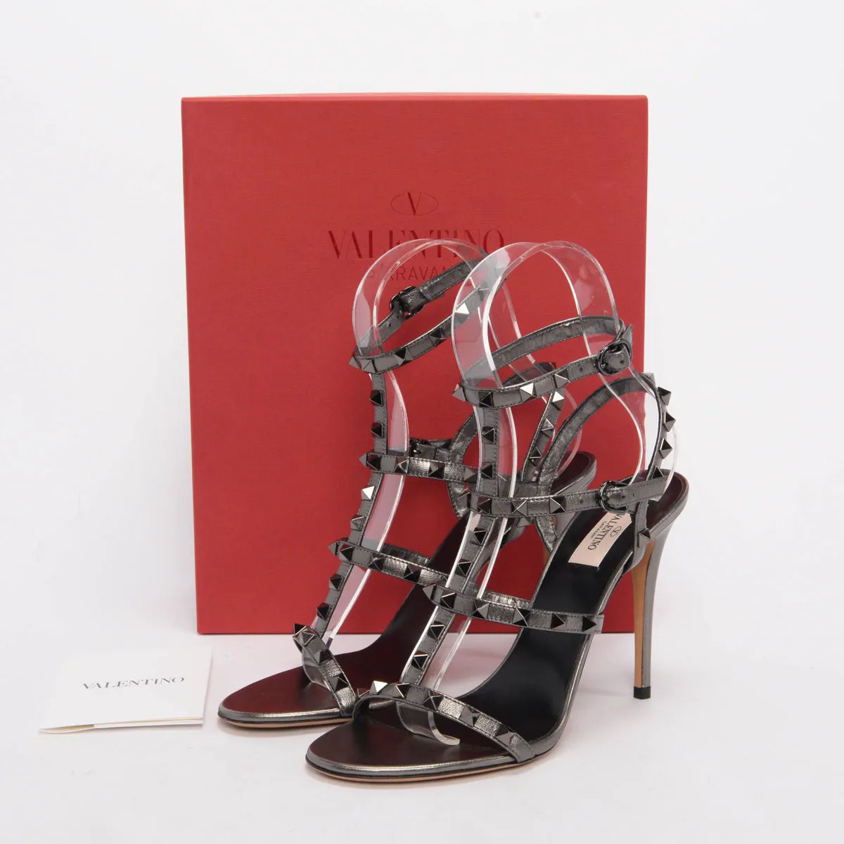 Valentino Gunmetal Metallic Leather Rockstud Cage Sandals 39.5