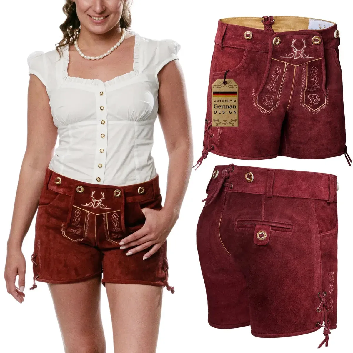 Women Lederhosen Short Pants Cherry Red