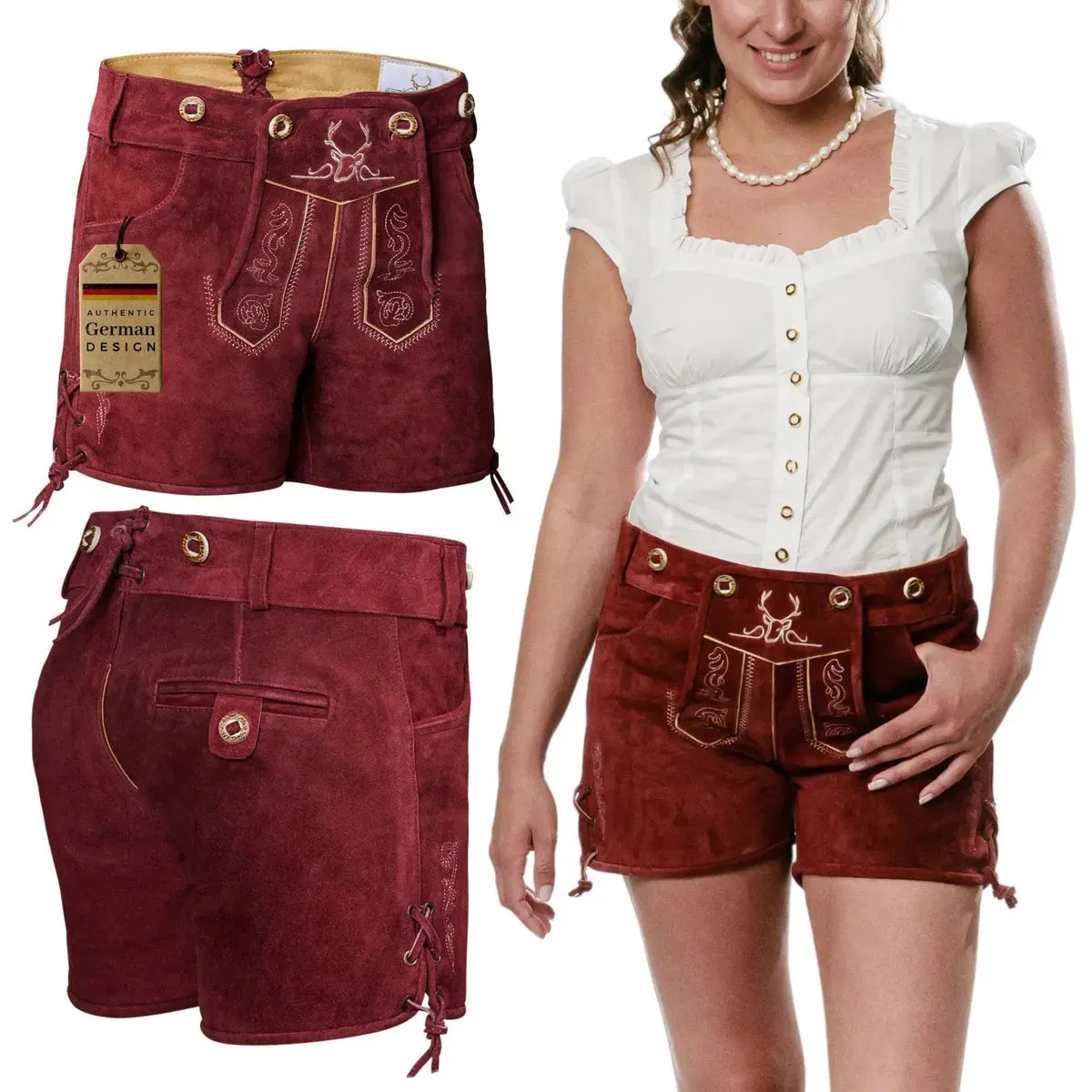 Women Lederhosen Short Pants Cherry Red