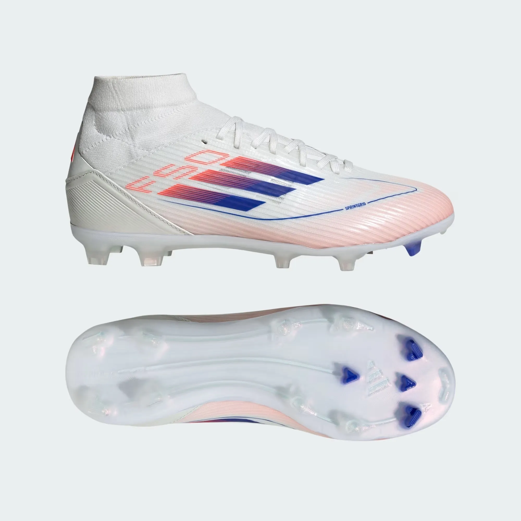 WOMEN'S F50 LEAGUE MID-CUT FG/MG CLEATS [Cloud White / Lucid Blue / Solar Red]